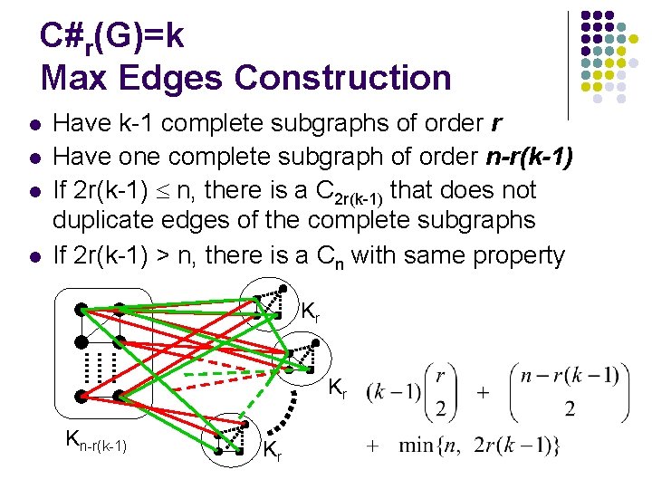 C#r(G)=k Max Edges Construction l l Have k-1 complete subgraphs of order r Have
