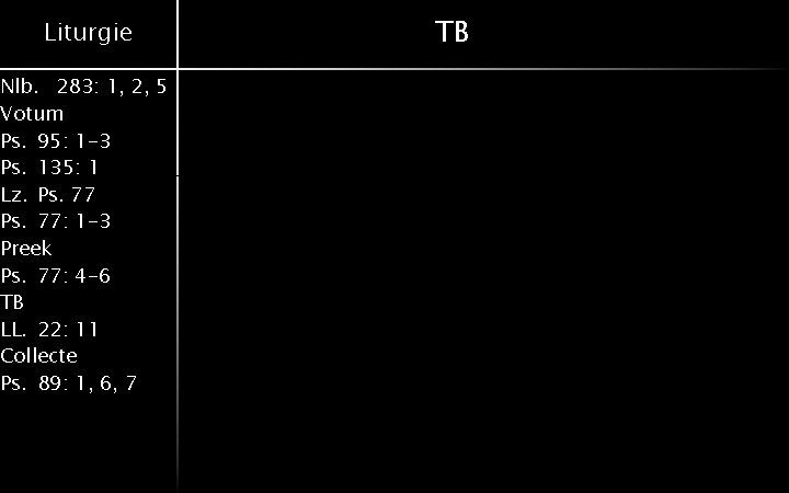 Liturgie Nlb. 283: 1, 2, 5 Votum Ps. 95: 1 -3 Ps. 135: 1