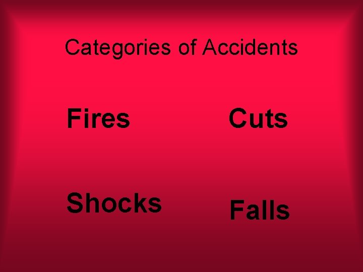 Categories of Accidents Fires Cuts Shocks Falls 