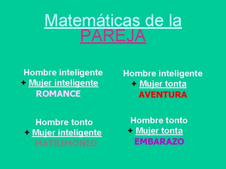 Matemáticas de la PAREJA Hombre inteligente + Mujer inteligente ROMANCE Hombre tonto + Mujer