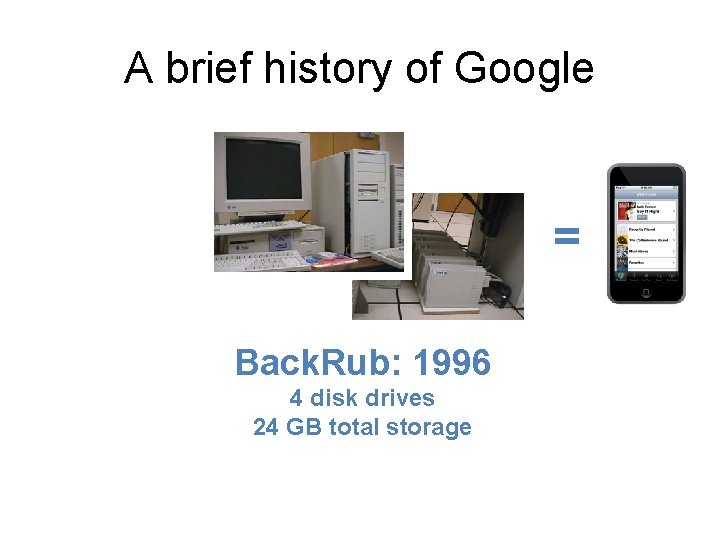 A brief history of Google = Back. Rub: 1996 4 disk drives 24 GB