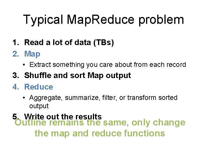 Typical Map. Reduce problem 1. Read a lot of data (TBs) 2. Map •