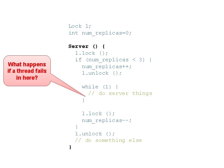 Lock l; int num_replicas=0; What happens if a thread fails in here? Server ()