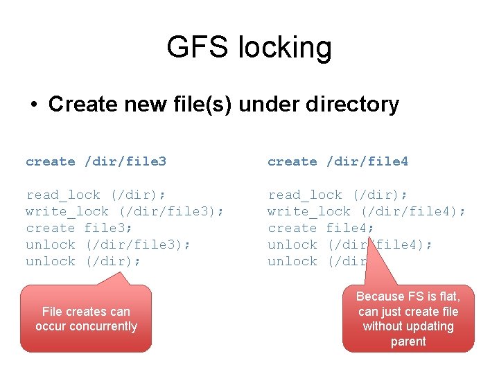 GFS locking • Create new file(s) under directory create /dir/file 3 create /dir/file 4