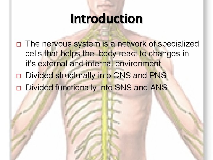 Introduction � � � The nervous system is a network of specialized cells that