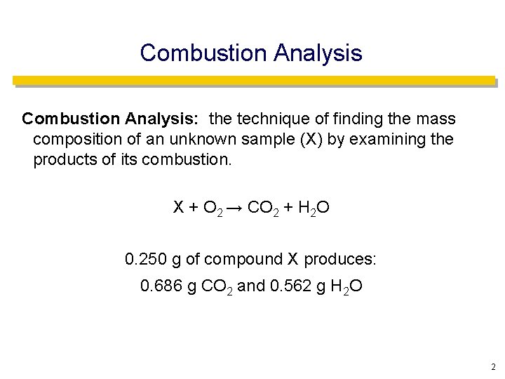 Combustion Analysis: the technique of finding the mass composition of an unknown sample (X)