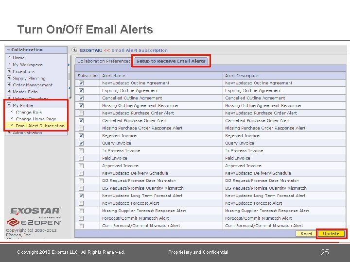 Turn On/Off Email Alerts Copyright 2013 Exostar LLC. All Rights Reserved. Proprietary and Confidential