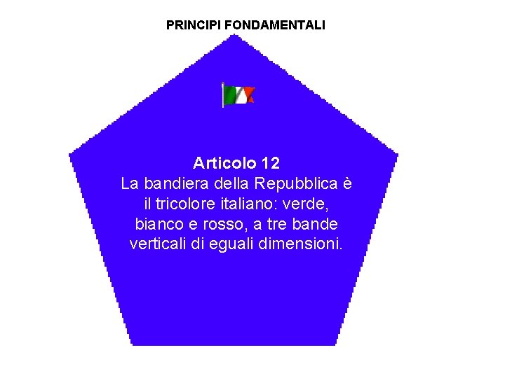 PRINCIPI FONDAMENTALI Articolo 12 La bandiera della Repubblica è il tricolore italiano: verde, bianco