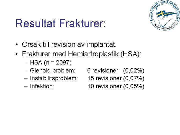 Resultat Frakturer: • Orsak till revision av implantat. • Frakturer med Hemiartroplastik (HSA): –