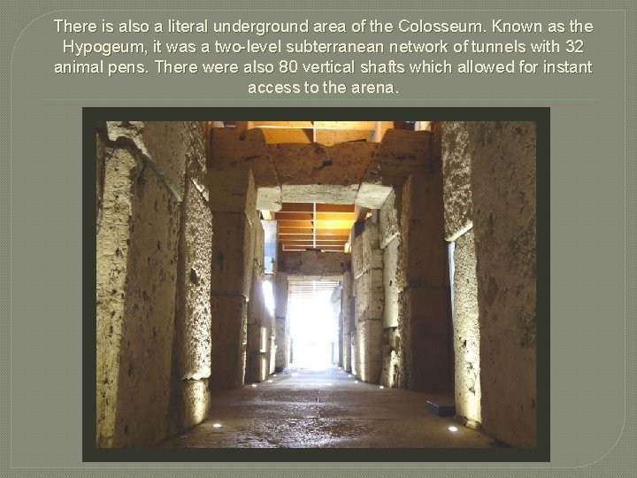 There is also a literal underground area of the Colosseum. Known as the Hypogeum,