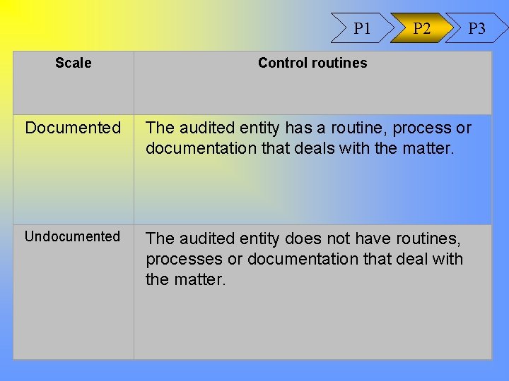 P 1 Scale P 2 P 3 Control routines Documented The audited entity has