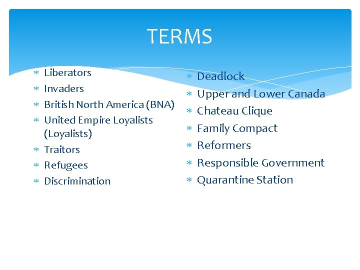 TERMS Liberators Invaders British North America (BNA) United Empire Loyalists (Loyalists) Traitors Refugees Discrimination