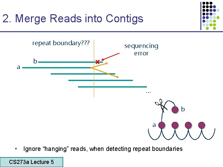 2. Merge Reads into Contigs repeat boundary? ? ? a b sequencing error …
