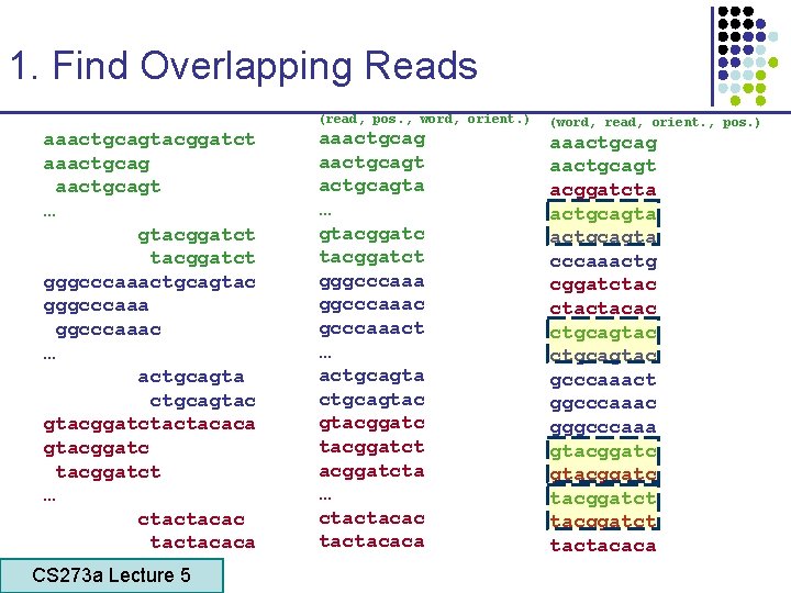 1. Find Overlapping Reads (read, pos. , word, orient. ) aaactgcagtacggatct aaactgcagt … gtacggatct