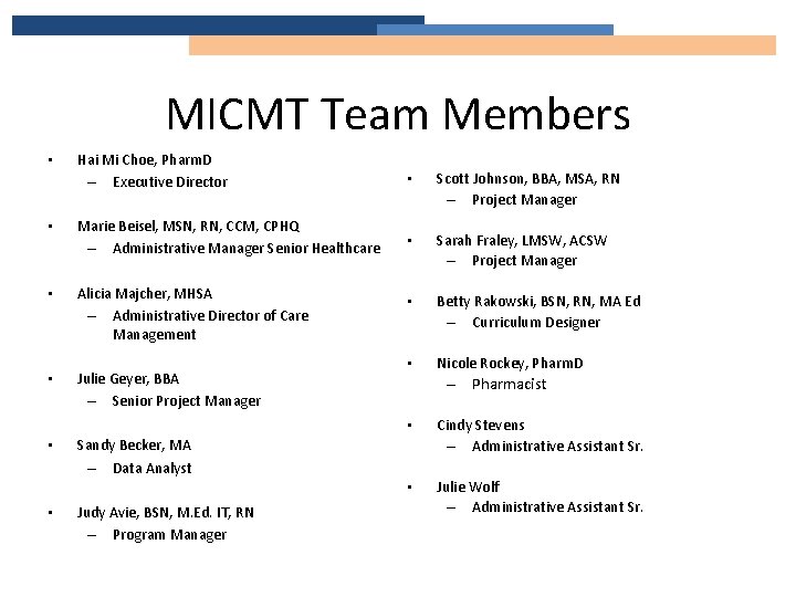 MICMT Team Members • Hai Mi Choe, Pharm. D – Executive Director • Marie