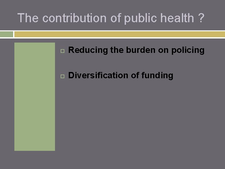 The contribution of public health ? Reducing the burden on policing Diversification of funding
