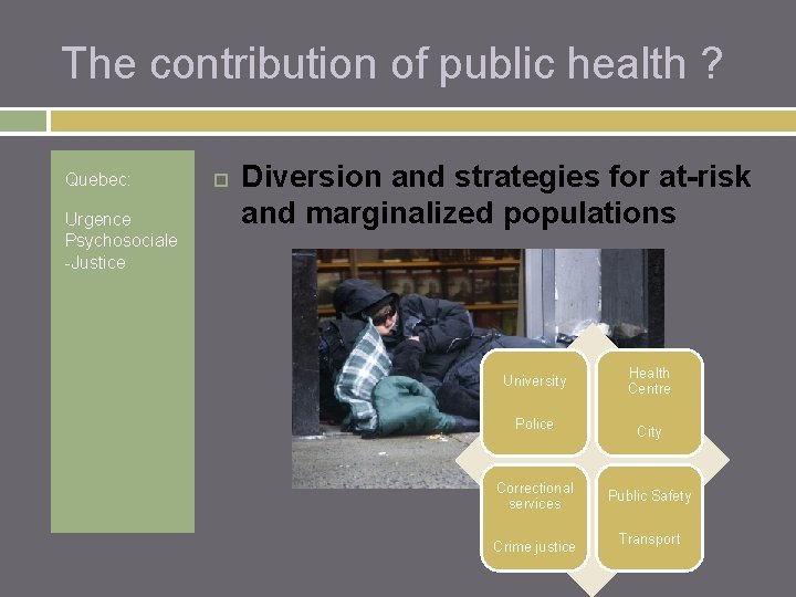 The contribution of public health ? Quebec: Urgence Psychosociale -Justice Diversion and strategies for