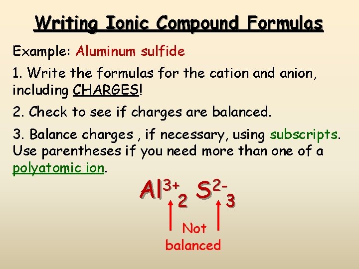 Writing Ionic Compound Formulas Example: Aluminum sulfide 1. Write the formulas for the cation