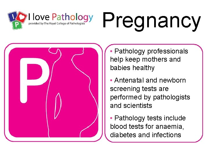 Pregnancy • Pathology professionals help keep mothers and babies healthy • Antenatal and newborn
