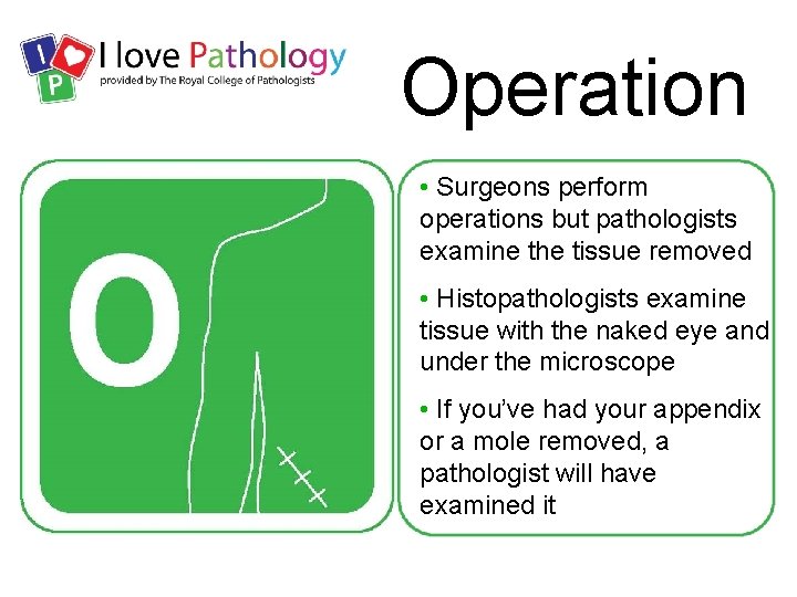 Operation • Surgeons perform operations but pathologists examine the tissue removed • Histopathologists examine