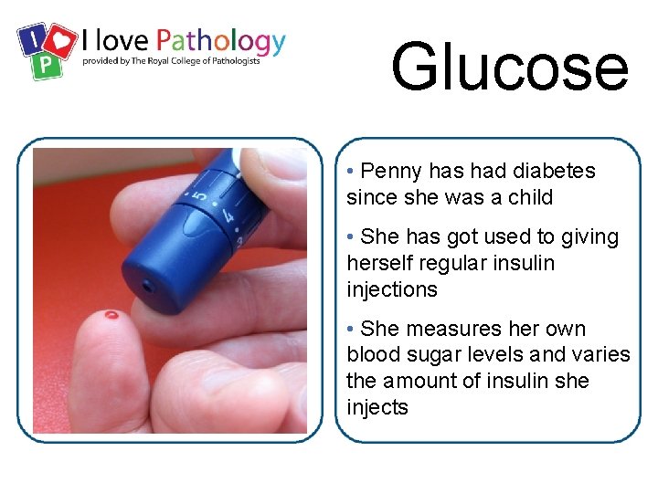 Glucose • Penny has had diabetes since she was a child • She has