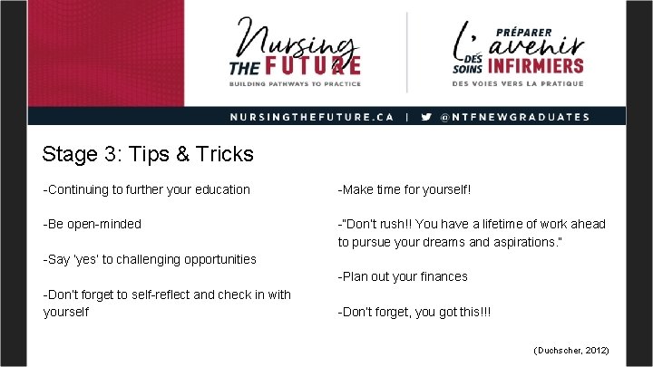 Stage 3: Tips & Tricks -Continuing to further your education -Make time for yourself!