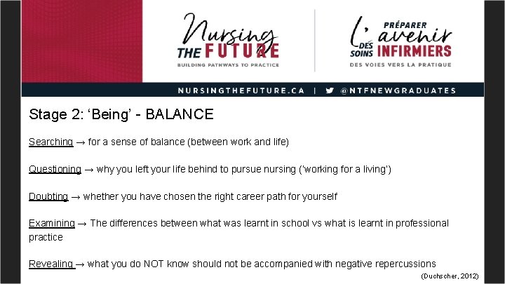 Stage 2: ‘Being’ - BALANCE Searching → for a sense of balance (between work