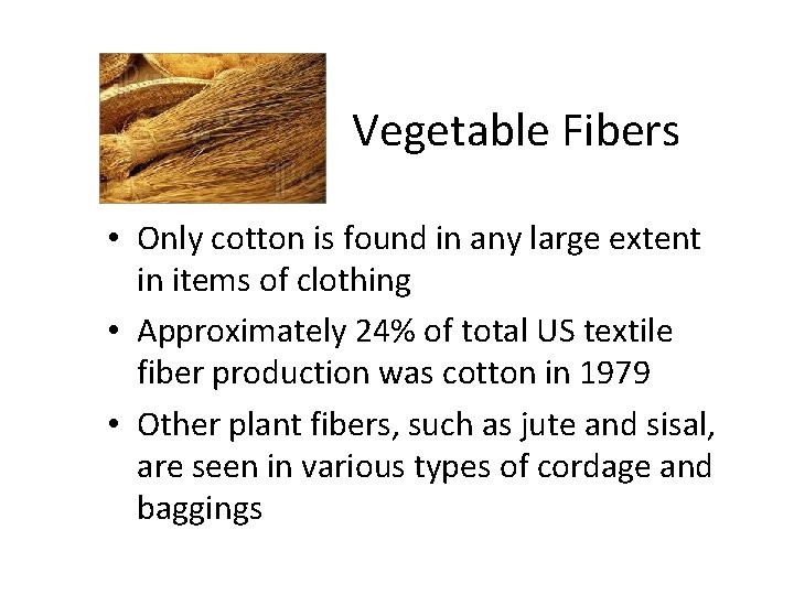 Vegetable Fibers • Only cotton is found in any large extent in items of