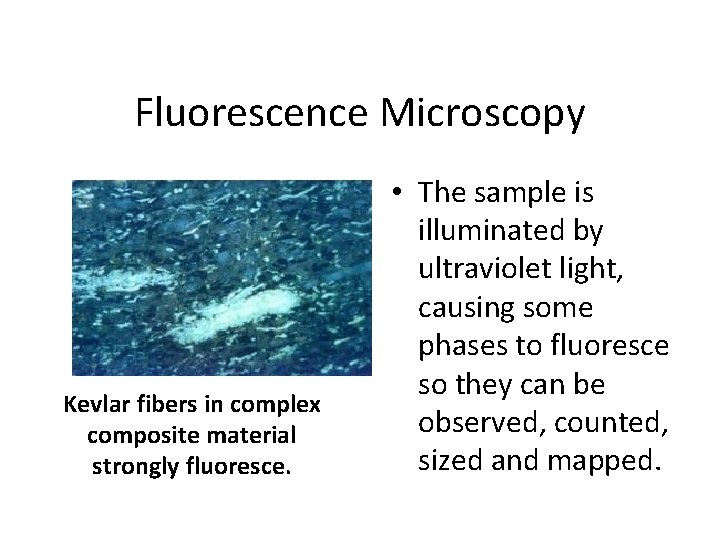 Fluorescence Microscopy Kevlar fibers in complex composite material strongly fluoresce. • The sample is