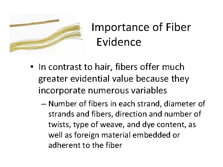 Importance of Fiber Evidence • In contrast to hair, fibers offer much greater evidential