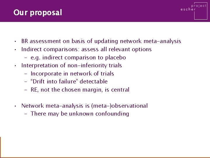 Our proposal • BR assessment on basis of updating network meta-analysis • Indirect comparisons: