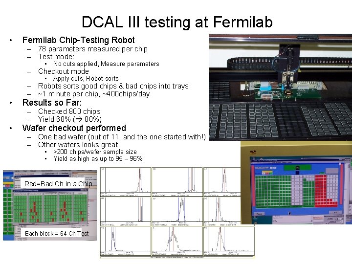 DCAL III testing at Fermilab • Fermilab Chip-Testing Robot – 78 parameters measured per
