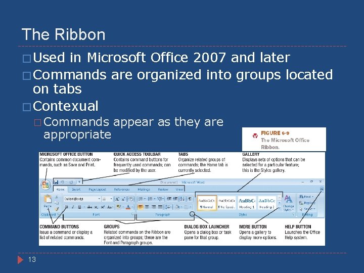 The Ribbon � Used in Microsoft Office 2007 and later � Commands are organized