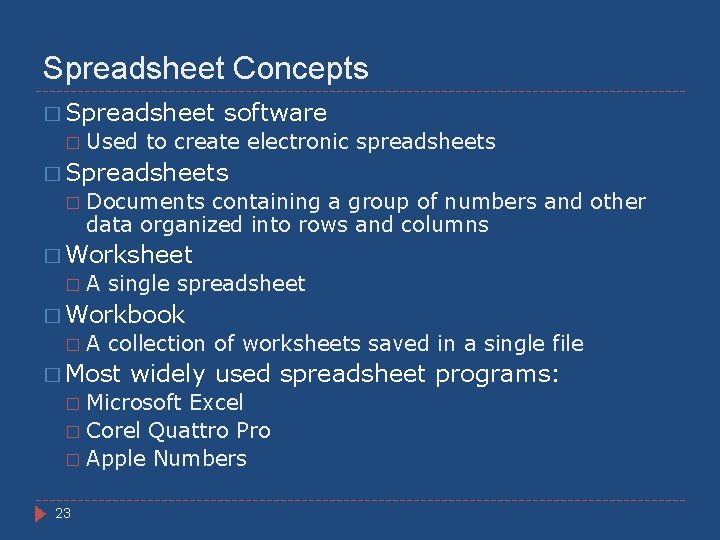Spreadsheet Concepts � Spreadsheet � software Used to create electronic spreadsheets � Spreadsheets �