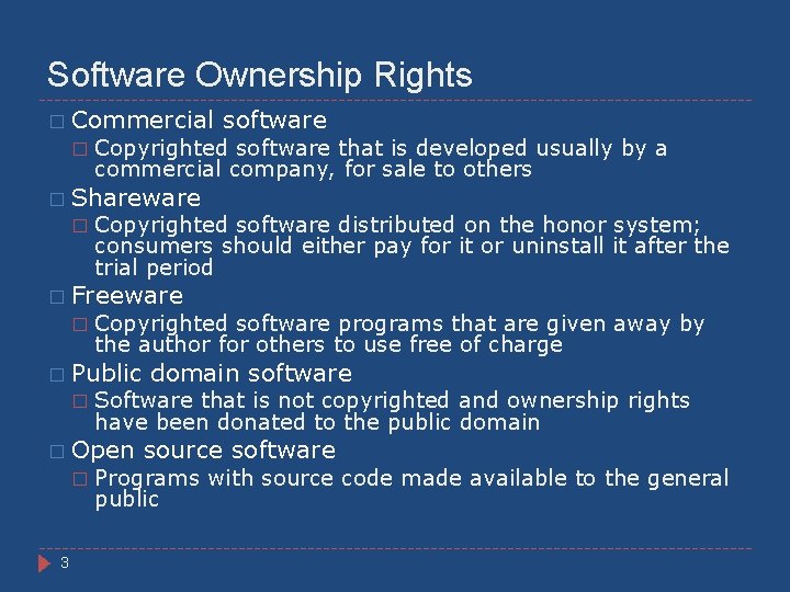 Software Ownership Rights � Commercial � software Copyrighted software that is developed usually by