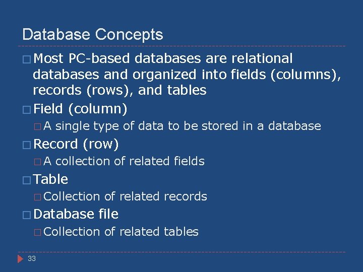 Database Concepts � Most PC-based databases are relational databases and organized into fields (columns),