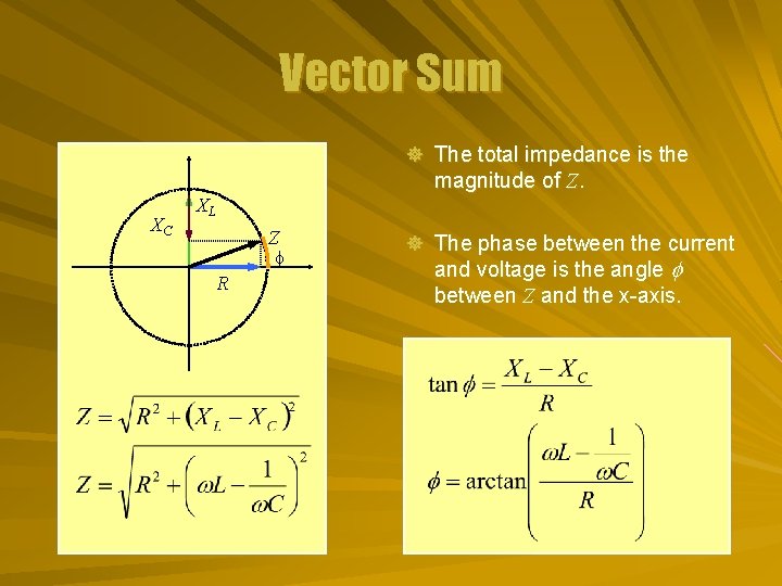 Vector Sum ] The total impedance is the magnitude of Z. XC XL Z