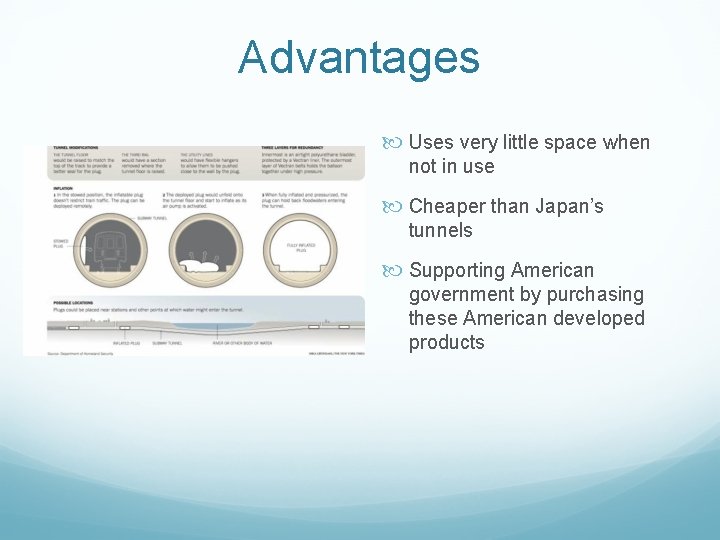 Advantages Uses very little space when not in use Cheaper than Japan’s tunnels Supporting
