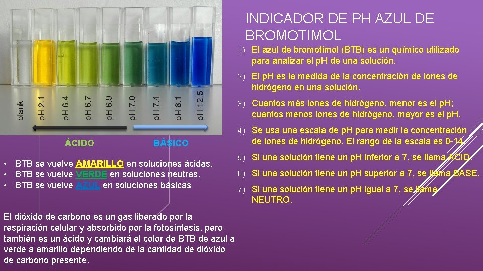 INDICADOR DE PH AZUL DE BROMOTIMOL ÁCIDO 1) El azul de bromotimol (BTB) es