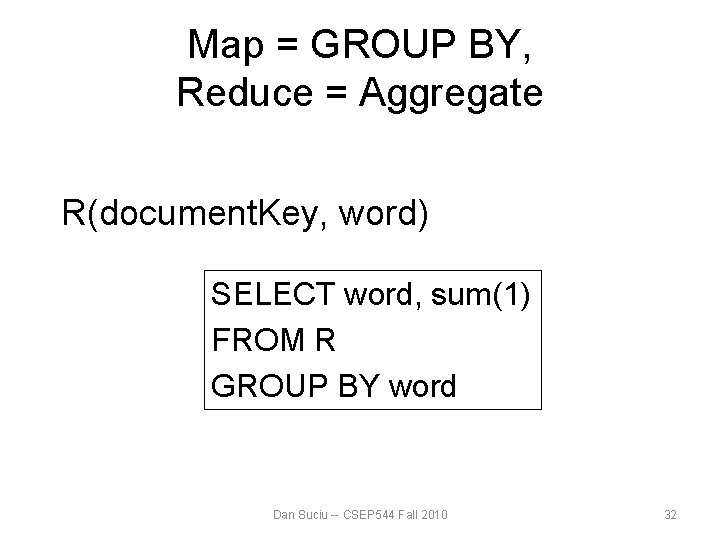Map = GROUP BY, Reduce = Aggregate R(document. Key, word) SELECT word, sum(1) FROM Map = GROUP BY, Reduce = Aggregate R(document. Key, word) SELECT word, sum(1) FROM