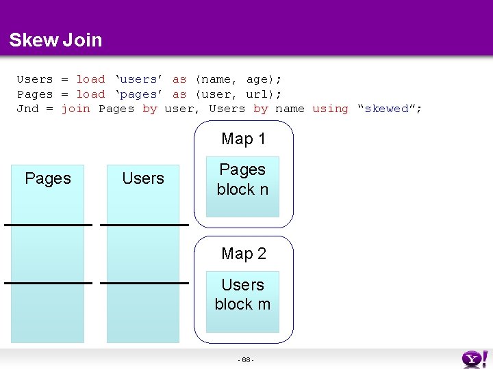 Skew Join Users = load ‘users’ as (name, age); Pages = load ‘pages’ as Skew Join Users = load ‘users’ as (name, age); Pages = load ‘pages’ as