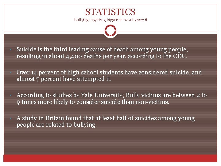 STATISTICS bullying is getting bigger as we all know it • Suicide is the