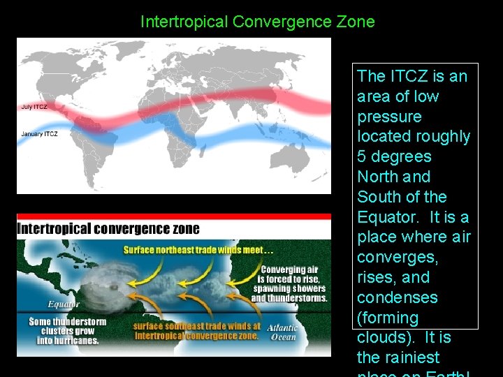 Intertropical Convergence Zone The ITCZ is an area of low pressure located roughly 5