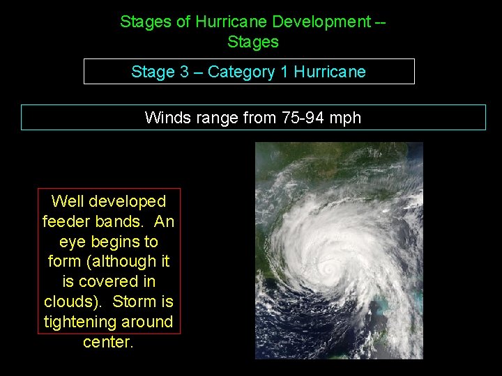 Stages of Hurricane Development -Stages Stage 3 – Category 1 Hurricane Winds range from