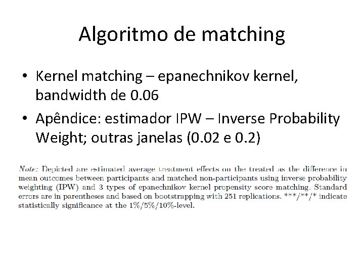 Algoritmo de matching • Kernel matching – epanechnikov kernel, bandwidth de 0. 06 •