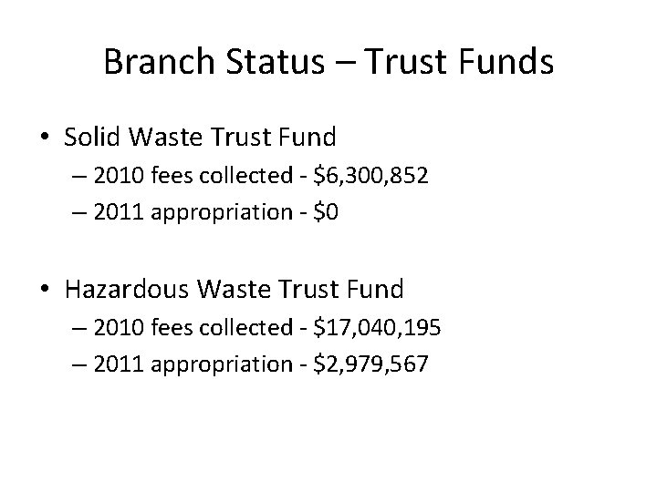 Branch Status – Trust Funds • Solid Waste Trust Fund – 2010 fees collected