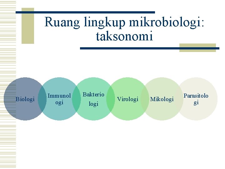 Ruang lingkup mikrobiologi: taksonomi Biologi Immunol ogi Bakterio logi Virologi Mikologi Parasitolo gi 