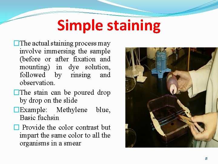 Simple staining �The actual staining process may involve immersing the sample (before or after