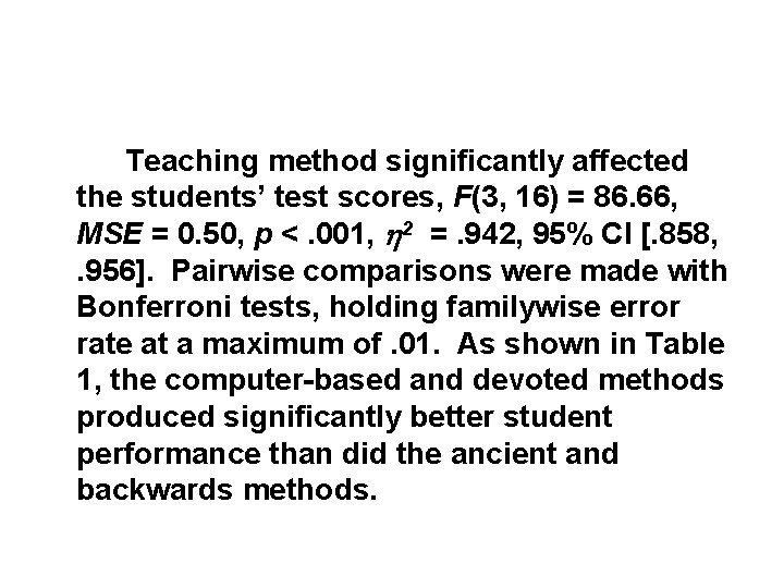 Teaching method significantly affected the students’ test scores, F(3, 16) = 86. 66, MSE