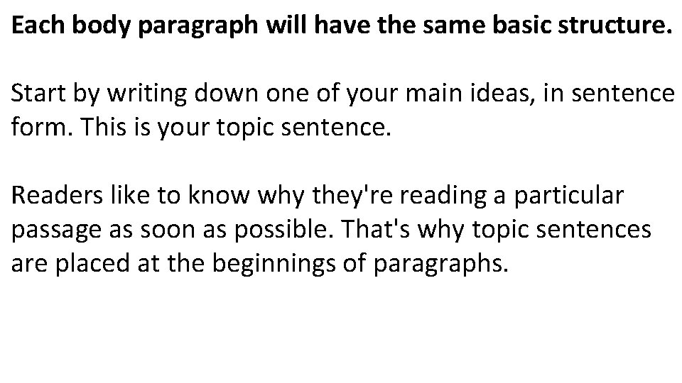 Each body paragraph will have the same basic structure. Start by writing down one